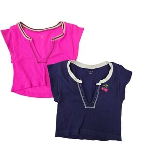 Out From Under Ribbed V Neck Cropped Cap Sleeve Top Bundle 2 Pink Navy